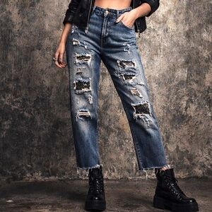Classic Distressed and Up-Cycled Denim Straight Leg Jeans